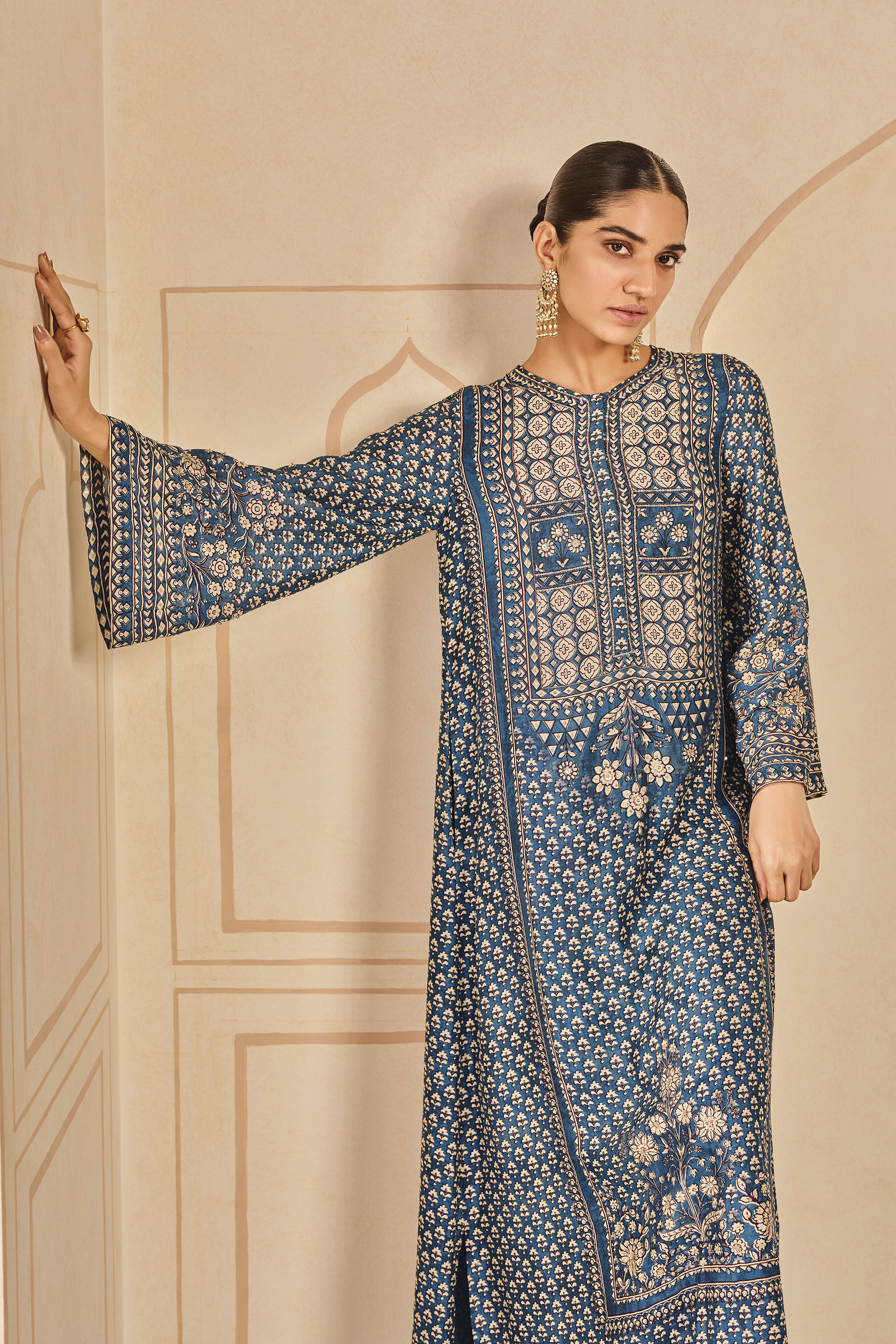 Nera Printed Silk Kaftan - Blue, Blue, image 4